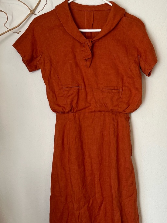 Handmade Dresses & Skirts - VTg 30s 40s Linen? Dress Secretary Sailor Size XS/S Burnt Orange tie neck